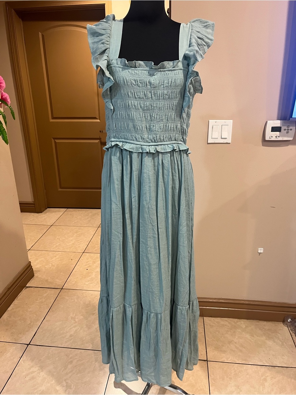 Smocked Ruffle Maxi Dress in Light Sage